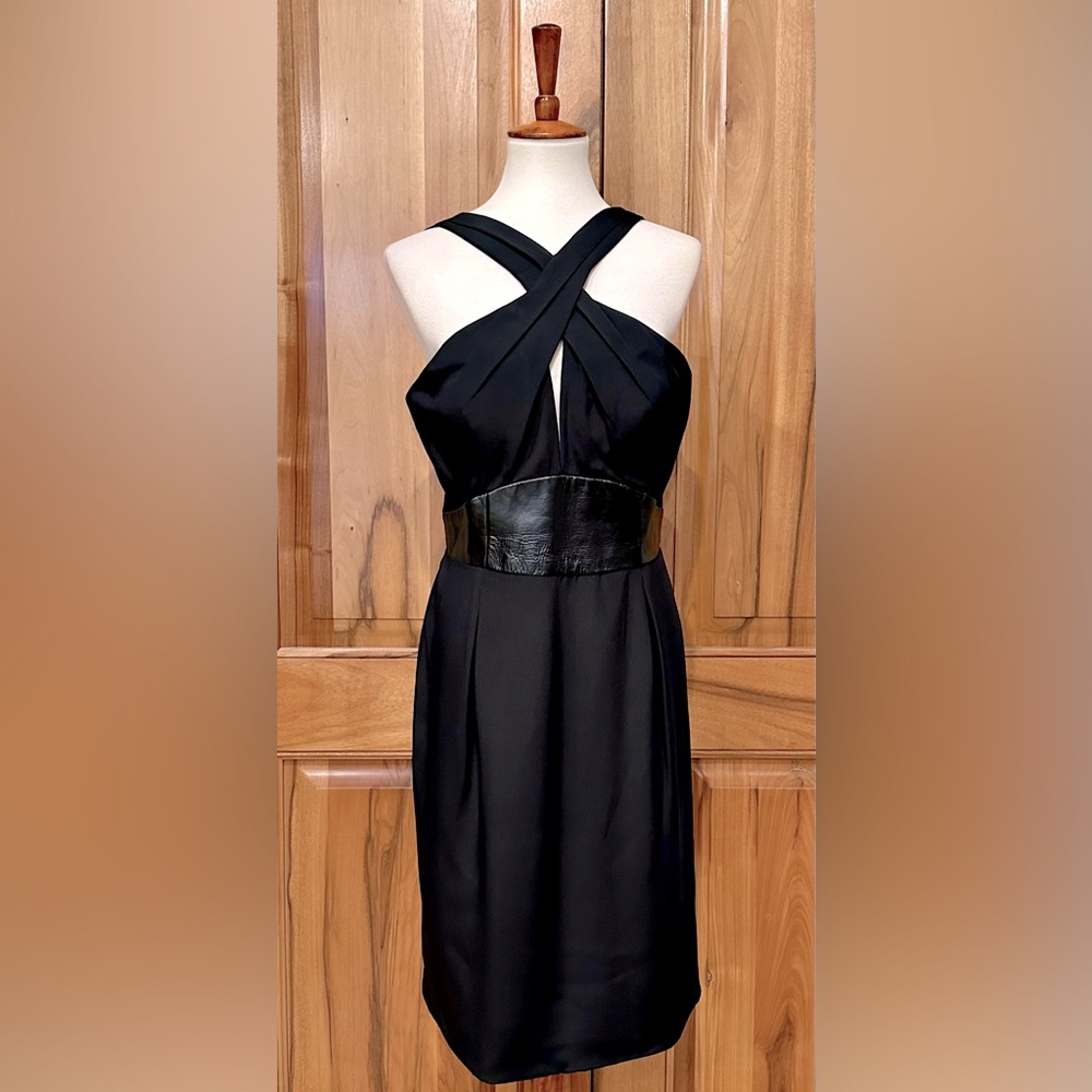 Badgley Mischka Black-on-Black Wrap-Top Cocktail Dress/Faux Leather Trim, EUC 12